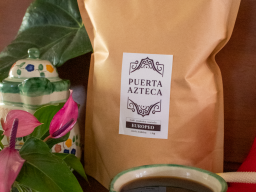 Café orgánico Puerta Azteca Europeo Grano 1kg con taza de café